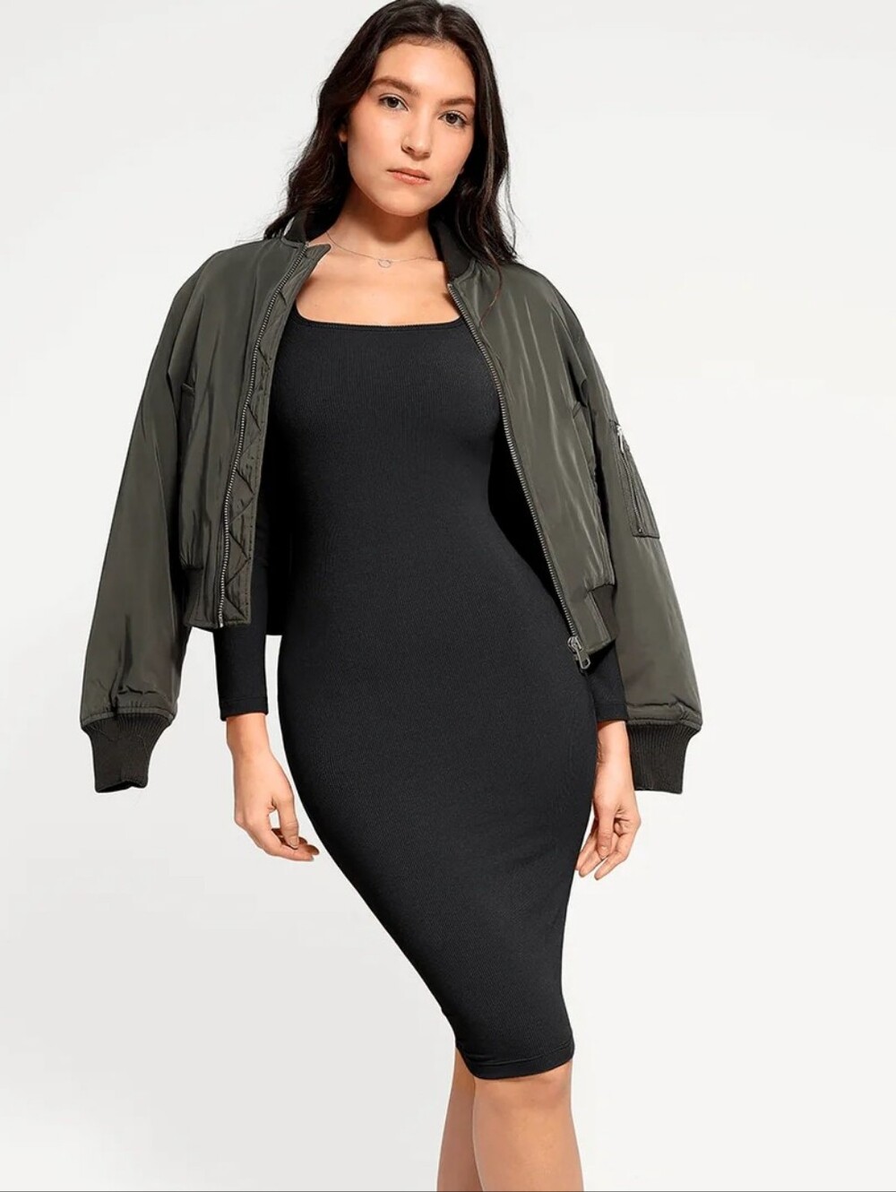 Popilush Shapewear Long Sleeve Square Neck Modal Slimming Midi Dress New Medium - Picture 13 of 13